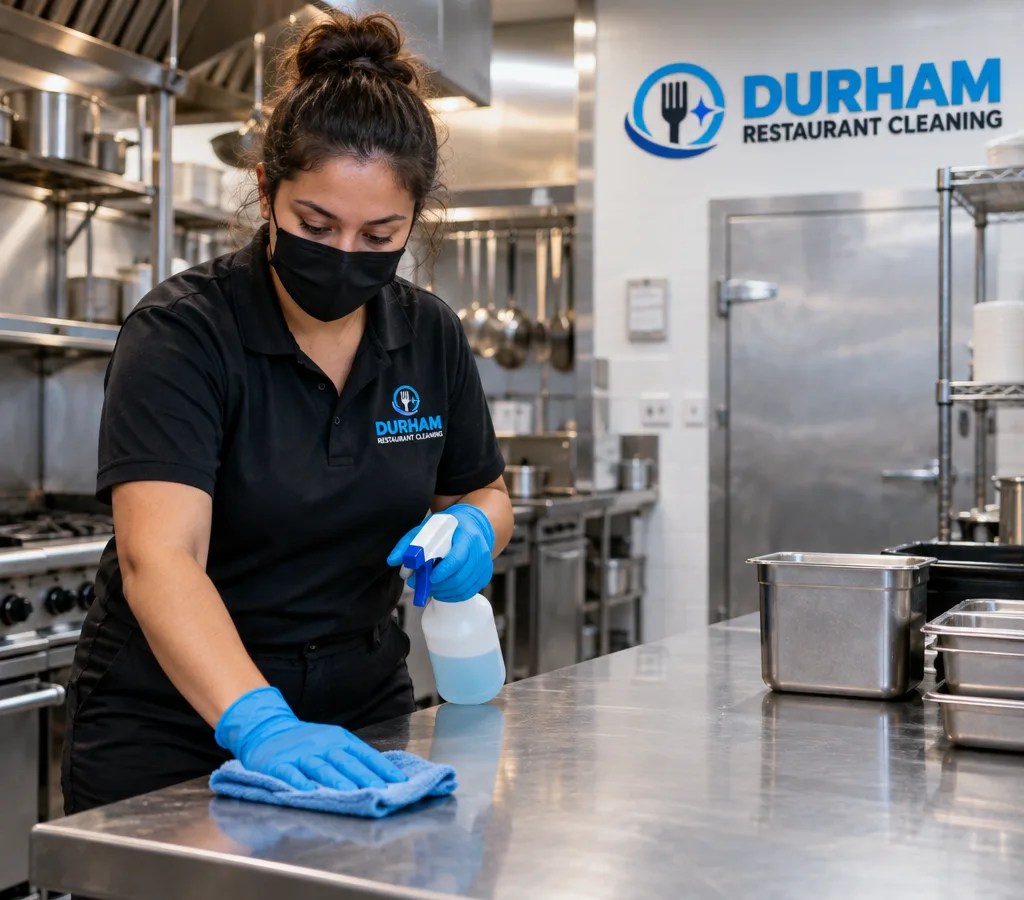 Professional cleaner detailing stainless food-preparation surfaces in a restaurant kitchen after close