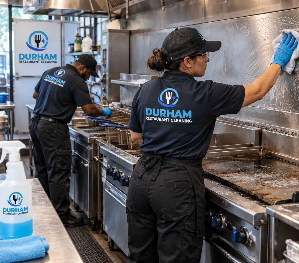Professional cleaners in PPE detailing a commercial cookline, stainless surfaces, fryers, and backsplash