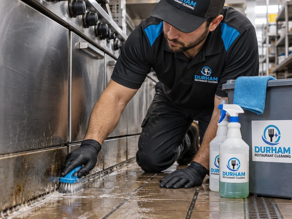 Technician scrubbing greasy grout and stainless kick plates along a commercial cookline