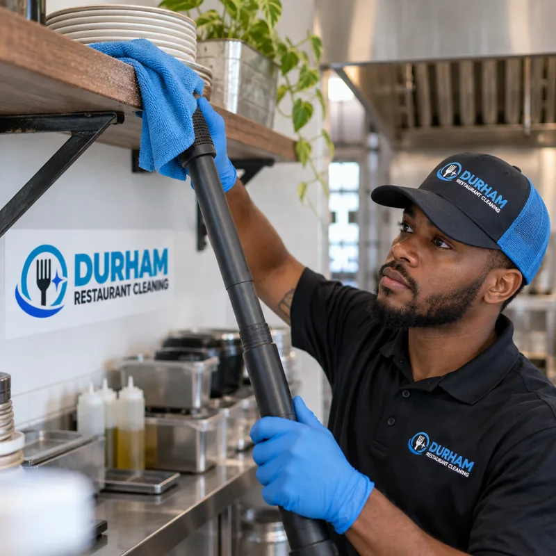 High dusting on top of a wall-mounted shelf above a commercial prep area