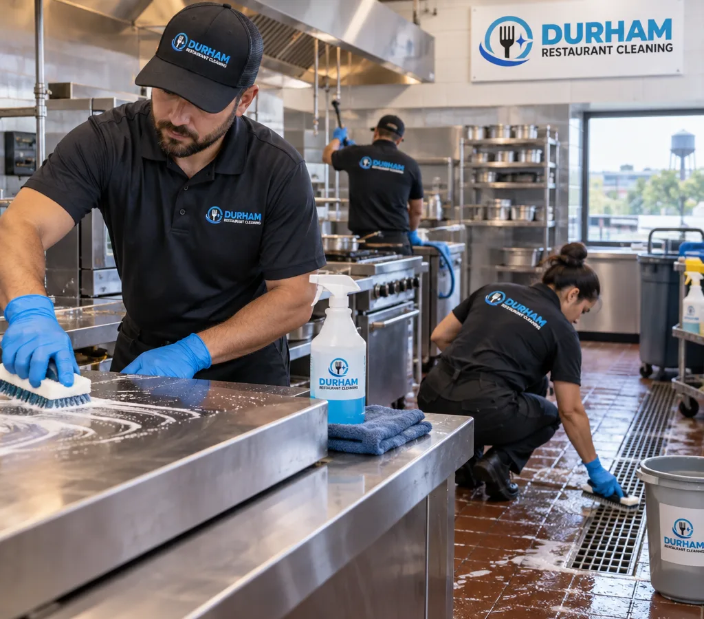 Commercial kitchen crew deep cleaning a stainless prep line and surrounding floor drains with professional degreasing tools