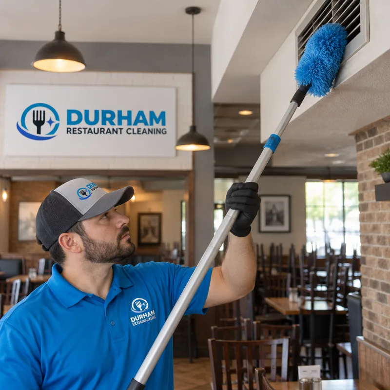 Cleaner using an extension pole and microfiber duster on a restaurant HVAC vent and high wall edge
