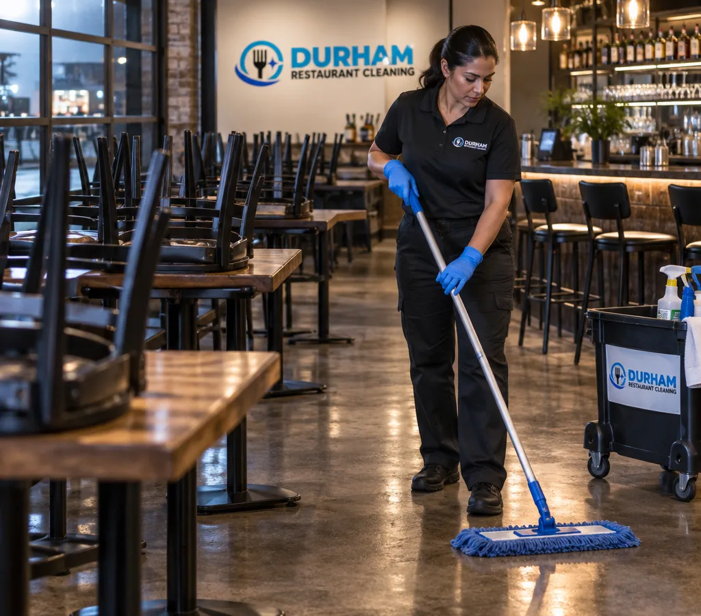 Professional cleaner mopping a restaurant dining room after close with chairs raised and a bar visible