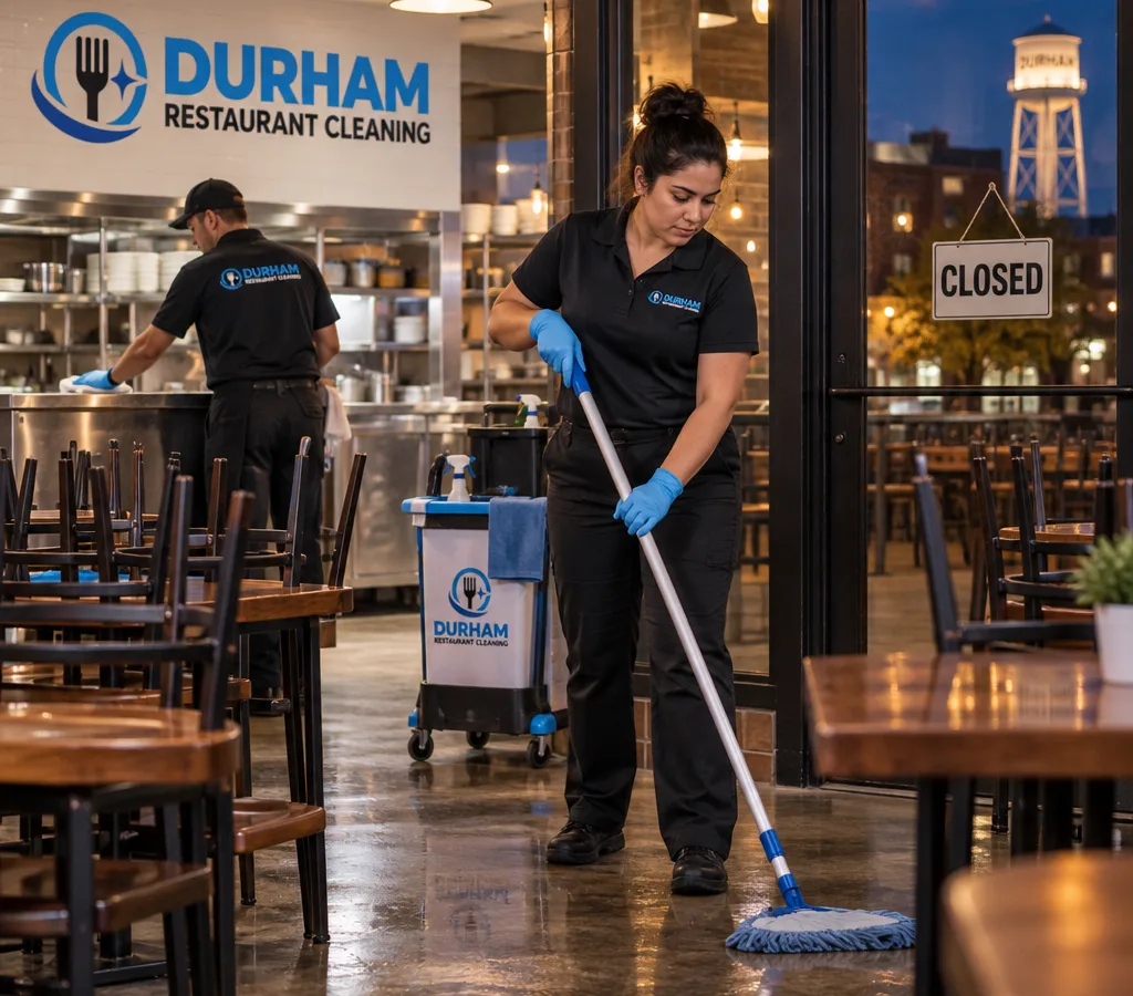 Cleaner mopping an empty restaurant dining room after hours while another cleaner wipes stainless prep surfaces