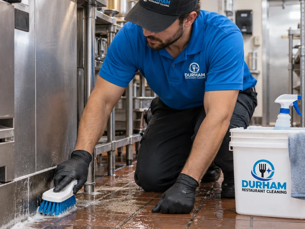 Cleaner detailing a commercial kitchen floor edge beside stainless equipment and a floor drain