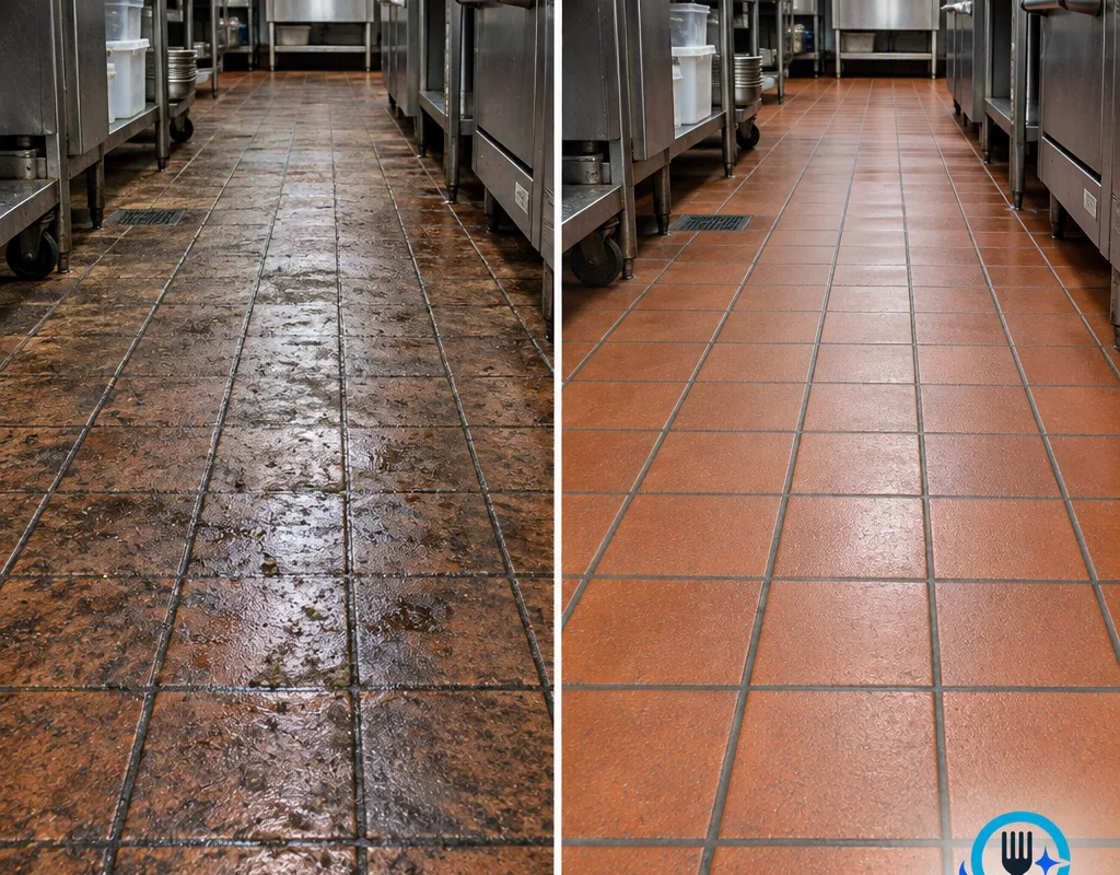 Before and after view of greasy commercial kitchen quarry tile traffic lanes and grout after scrubbing and recovery