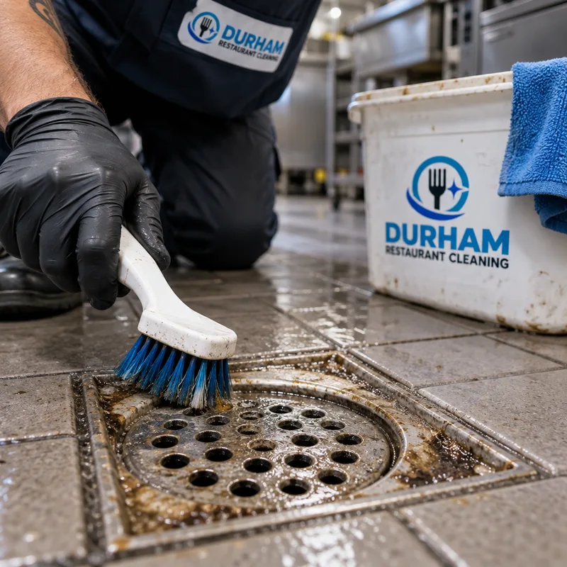 Floor drain and surrounding commercial kitchen tile being detailed with a brush to lift grease buildup