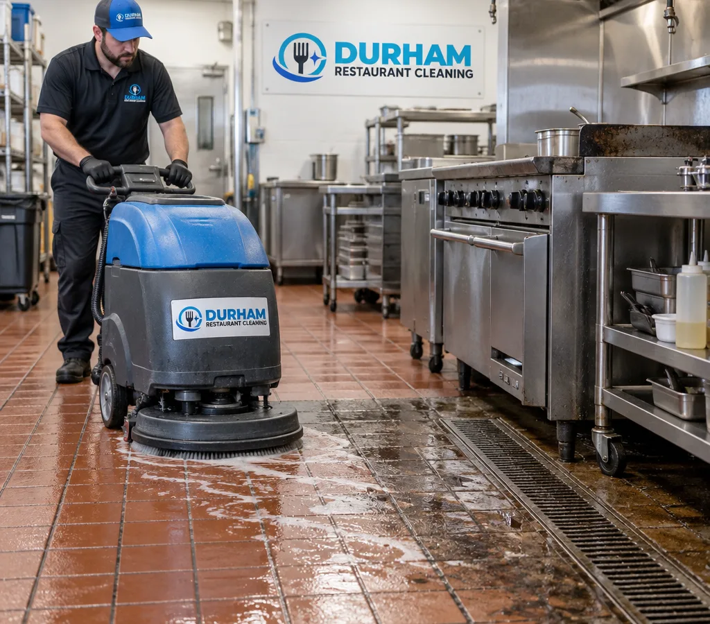 Technician wet-scrubbing greasy traffic lanes on a commercial kitchen quarry tile floor with an auto scrubber near a cook line drain
