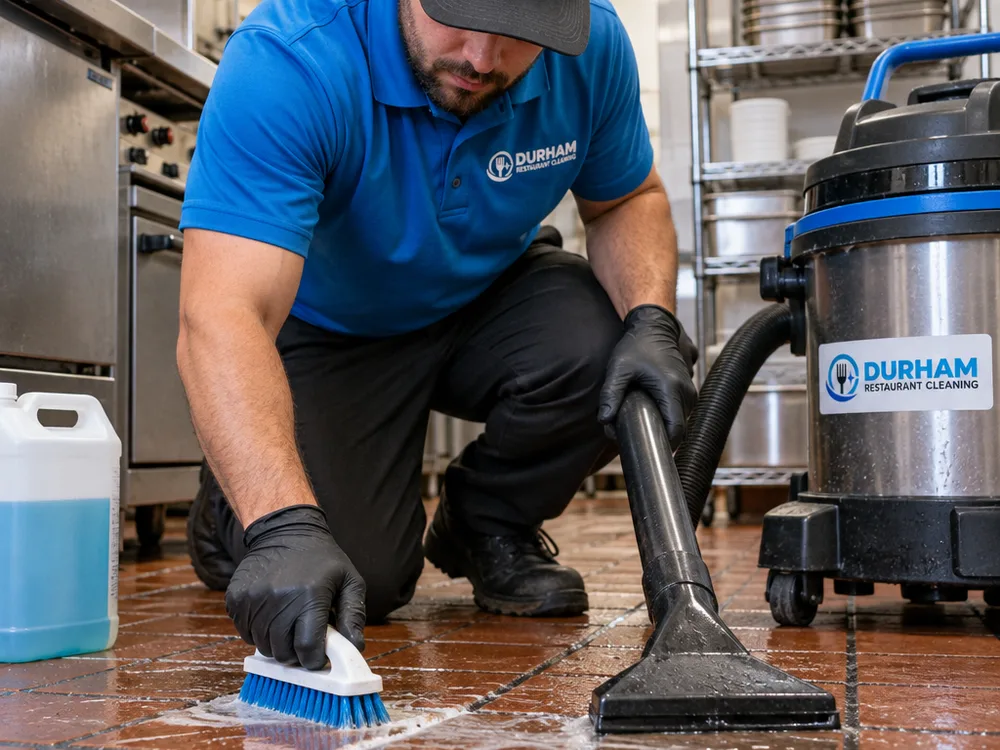 Close-up of quarry tile grout being agitated with a stiff brush and alkaline degreaser beside a wet vacuum wand