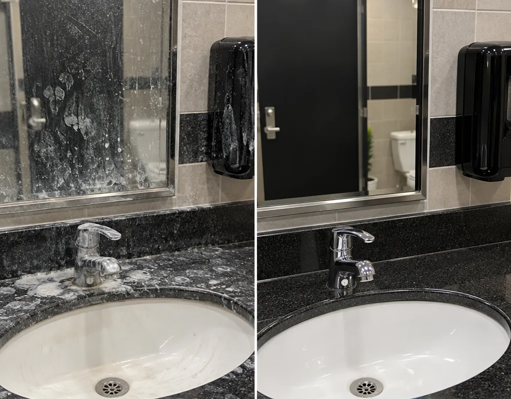 Before and after restaurant restroom sink and mirror cleaning showing polished glass and a sanitized counter
