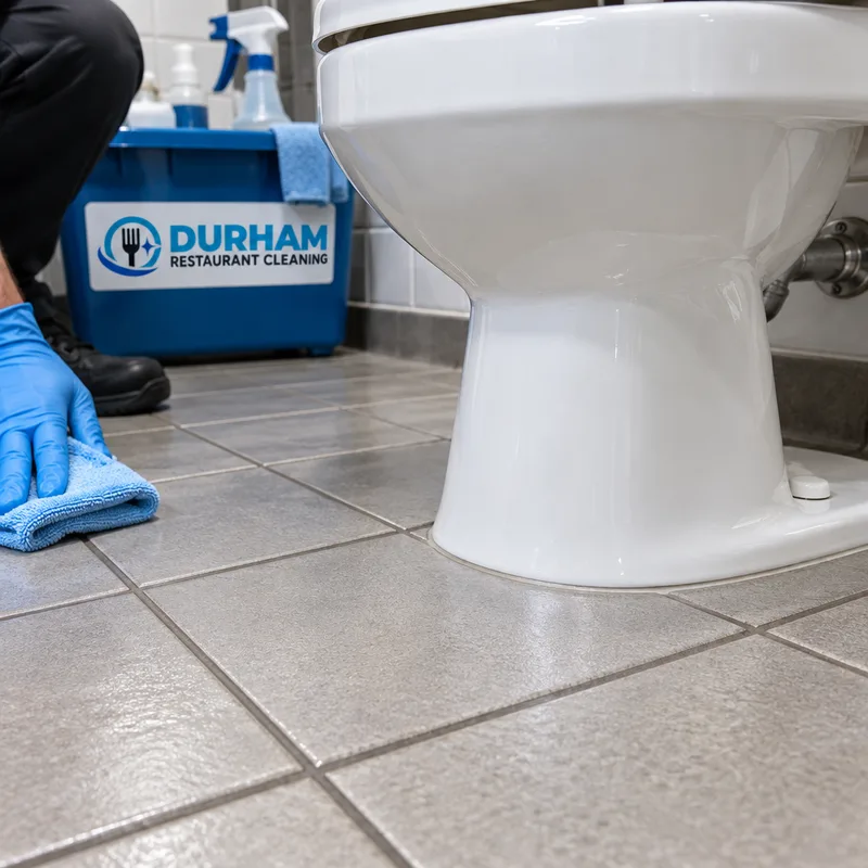 Freshly cleaned restaurant restroom tile and grout around a toilet base with detailed edges