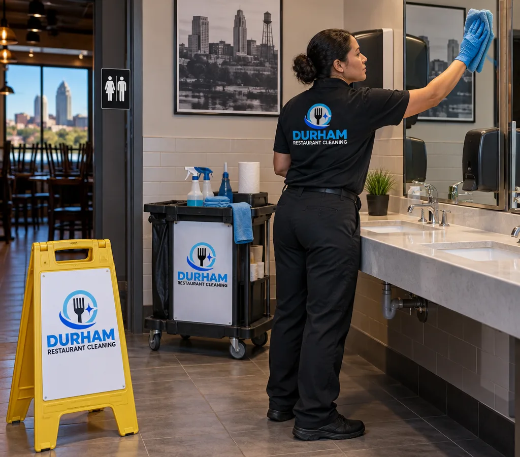 Professional cleaner sanitizing restaurant restroom touchpoints, mirrors, and dispensers in Raleigh
