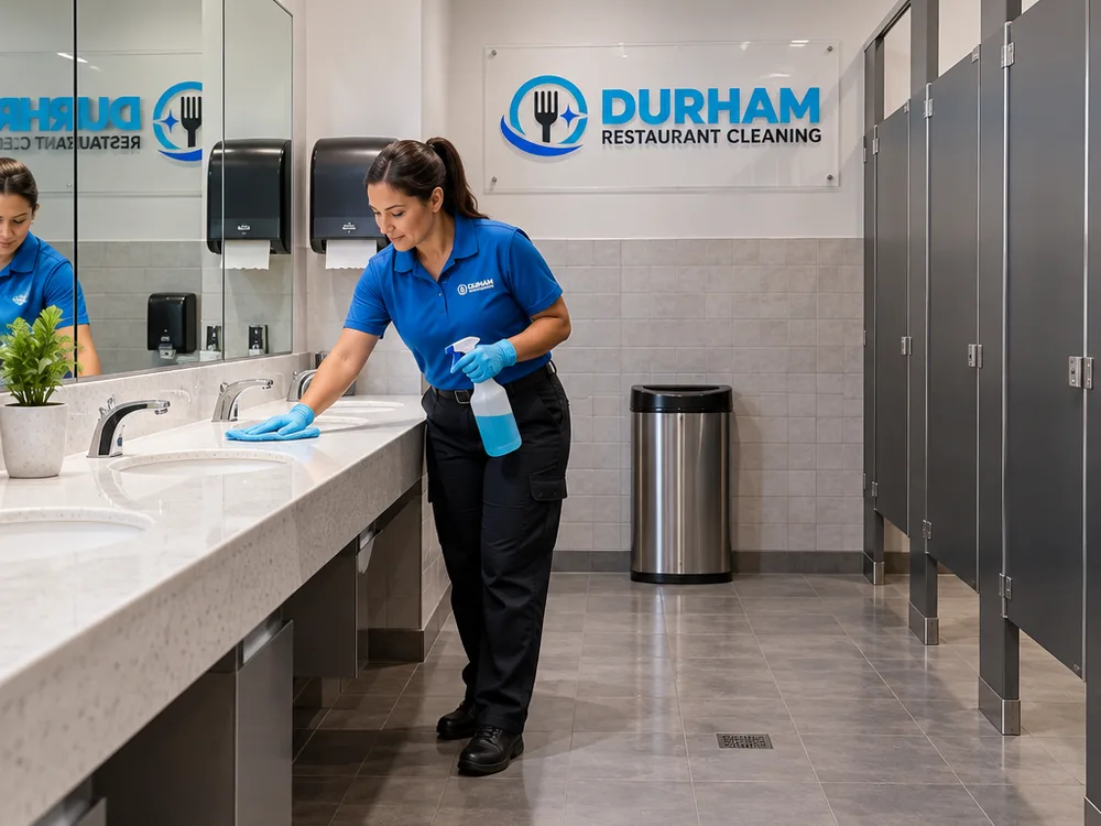 Fully cleaned restaurant restroom with stocked dispensers, spotless stalls, dry floors, and streak-free mirrors