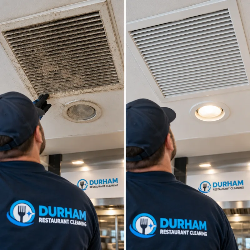 Cleaned overhead restaurant return grille and light housing viewed from floor level