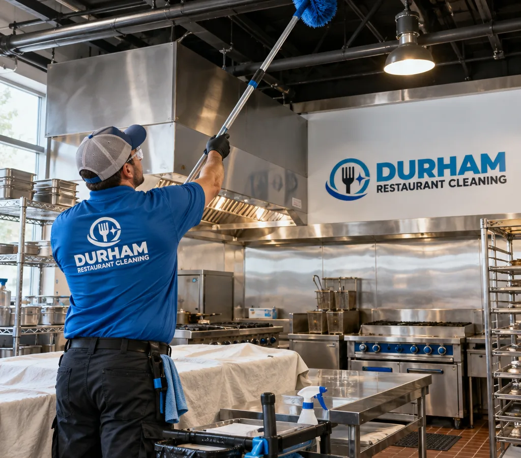 Technician performing high dusting above stainless equipment in a protected commercial kitchen