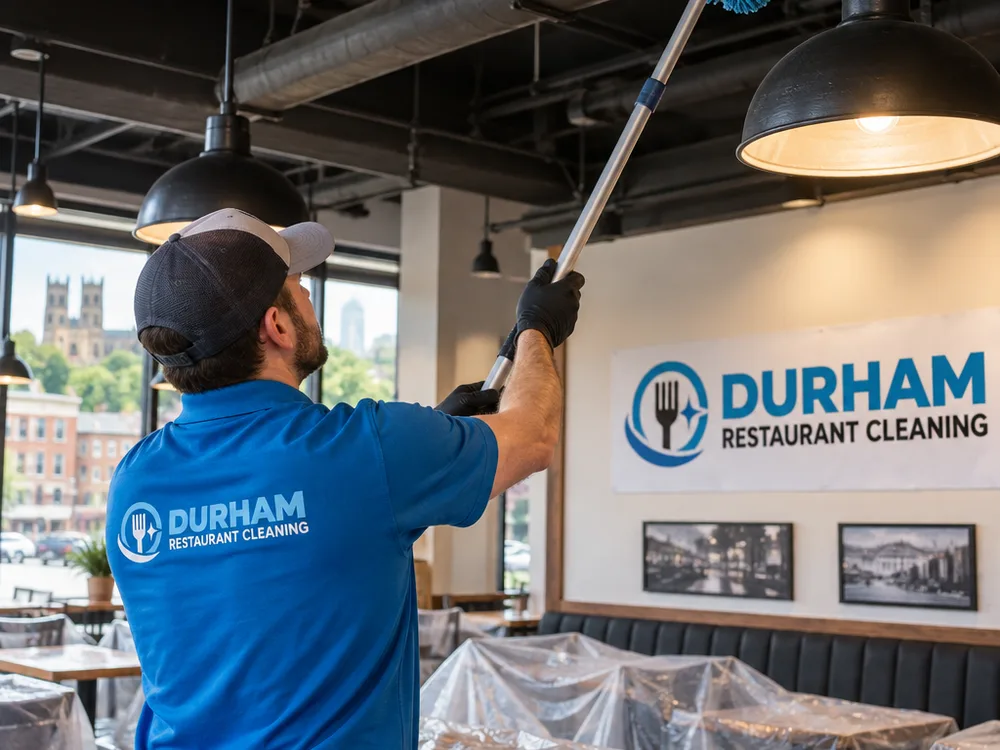 Extension-pole cleaning of restaurant ceiling pipework and light fixtures above protected surfaces