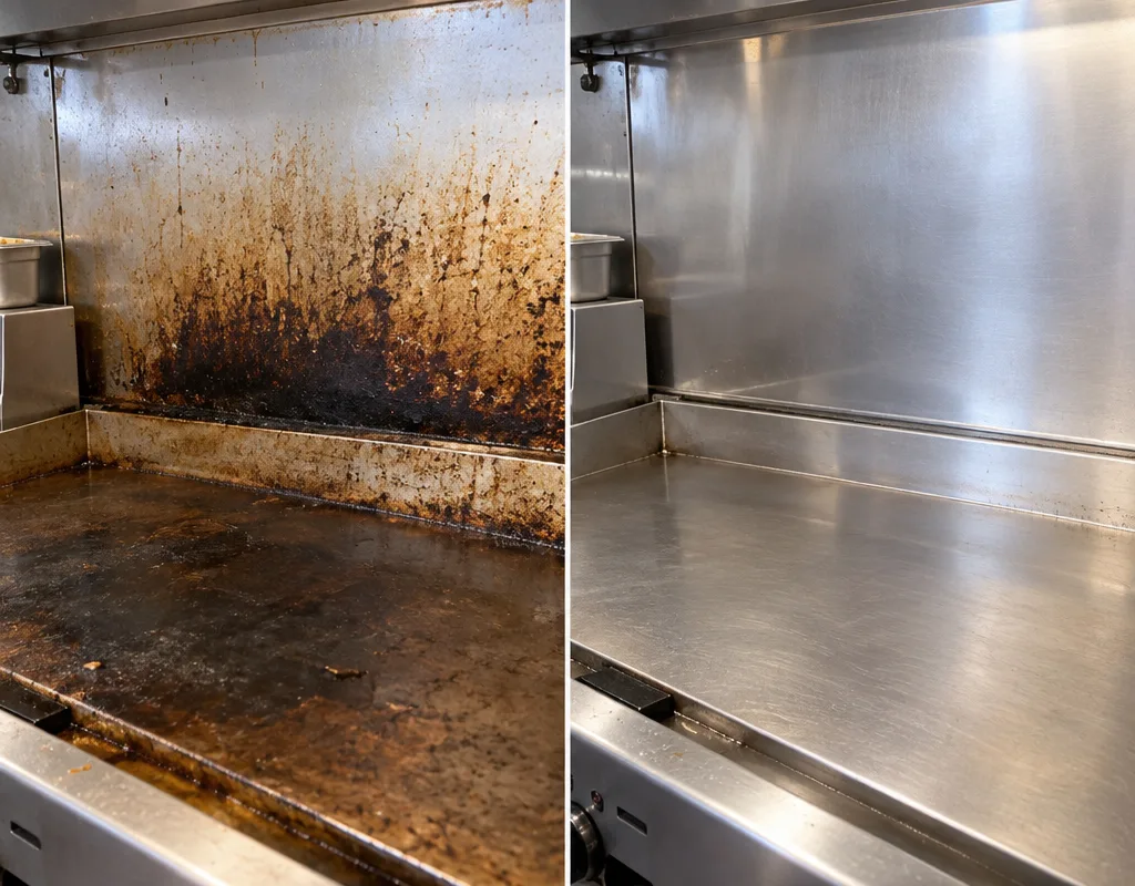 Before and after view of a commercial griddle backsplash with heavy carbon removed