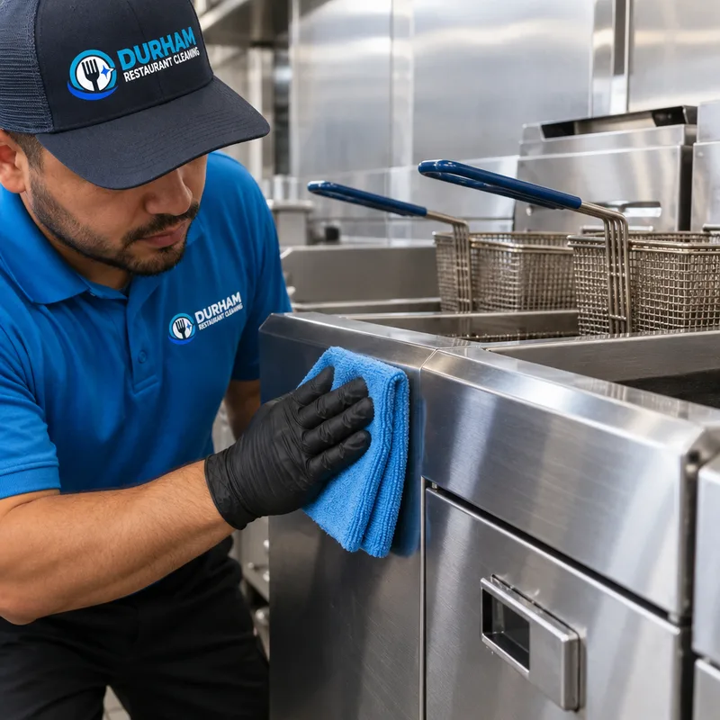 Cleaned fryer exterior and adjacent stainless panel with handles, corners, and seams detailed