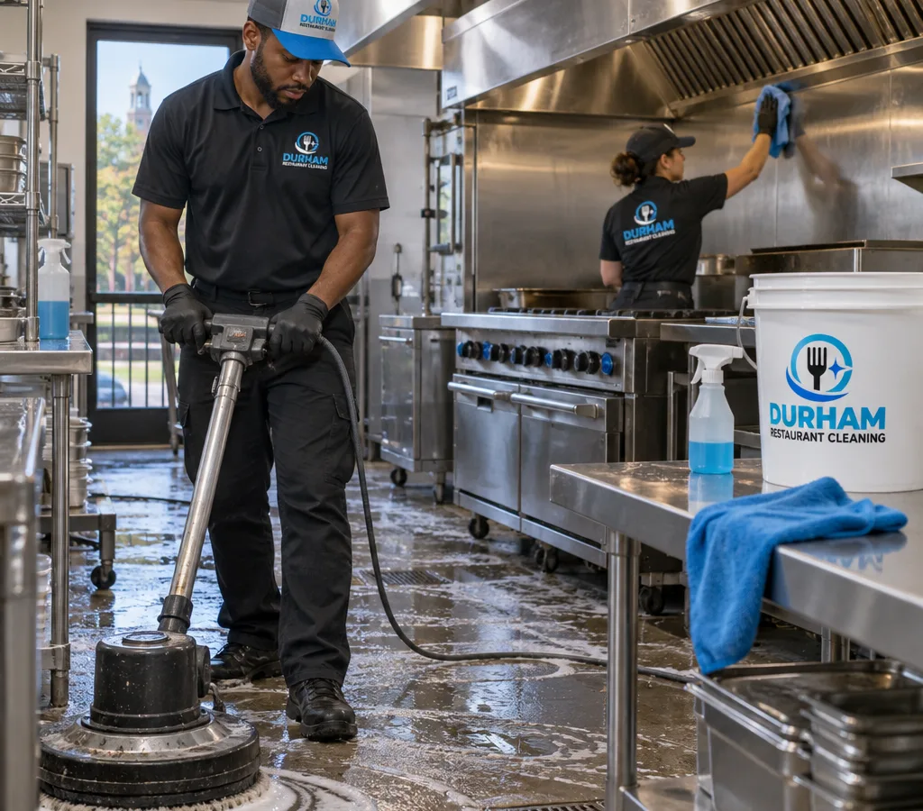 Commercial kitchen line in a Chapel Hill restaurant staged for equipment-focused deep cleaning