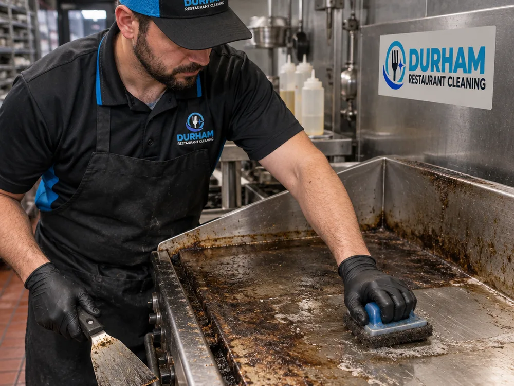 Technician hand-cleaning heavy grease buildup on a commercial griddle and surrounding stainless surfaces