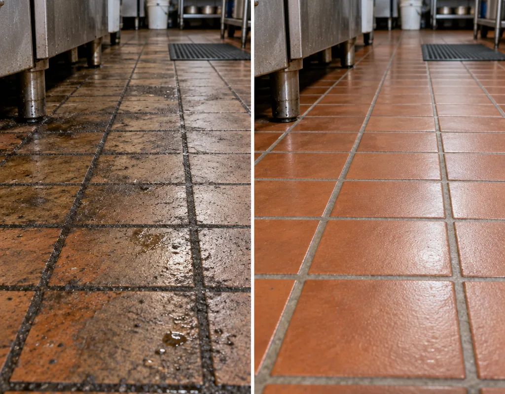 Before-and-after view of greasy and professionally scrubbed quarry tile grout