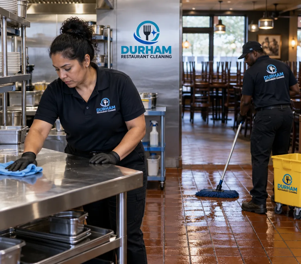 After-hours professional cleaners wiping stainless prep tables and mopping quarry tile floors in a commercial restaurant