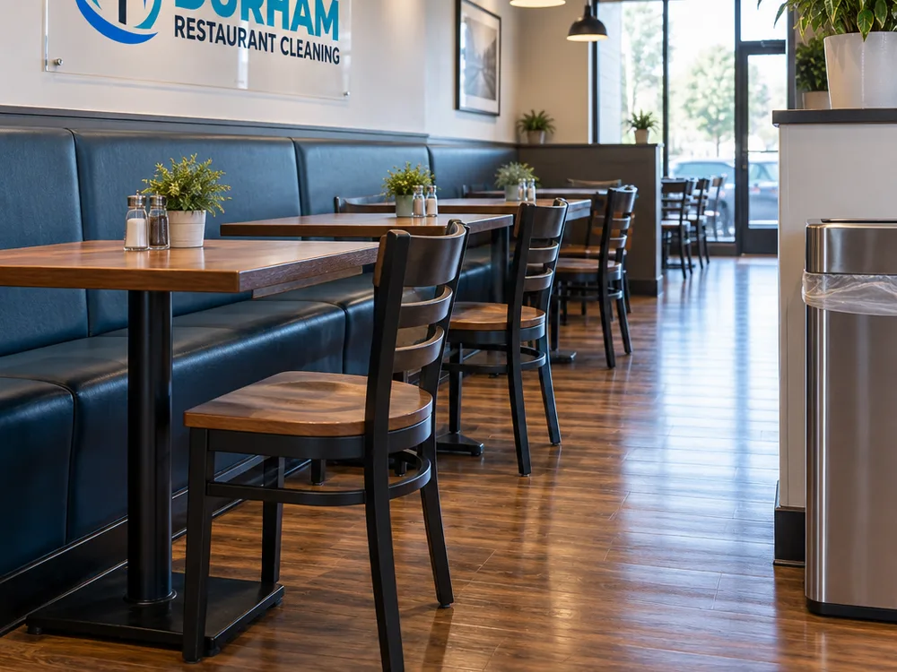 Restaurant dining area after cleaning with aligned chairs, spotless floors, and clean booth bases
