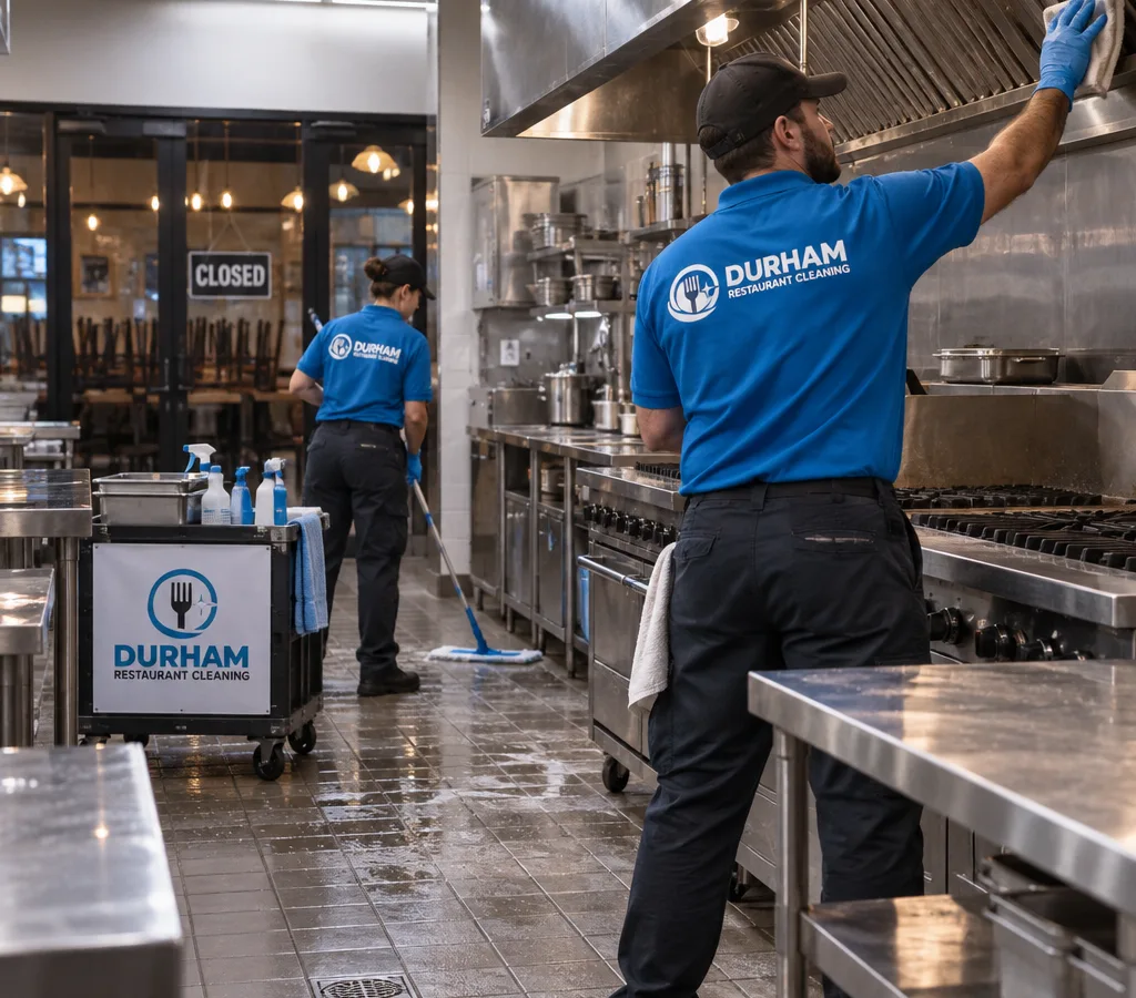 After-hours professional cleaners sanitizing a commercial restaurant kitchen line with stainless prep tables and tile flooring