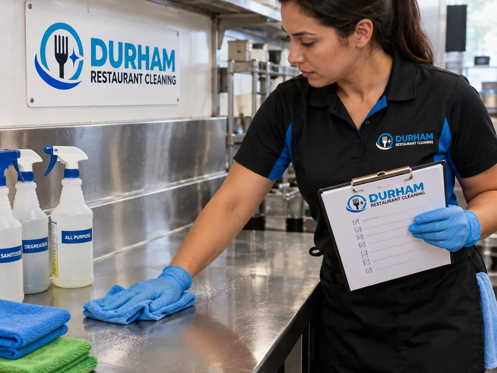 Cleaner following a printed checklist while sanitizing a stainless commercial kitchen prep table and backsplash