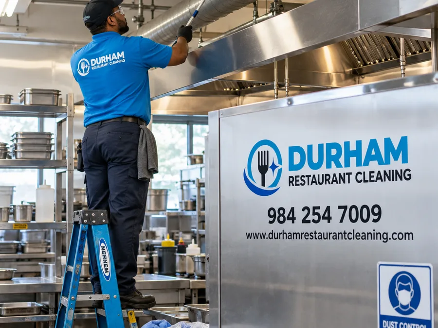 Cleaner safely performing high dusting on overhead pipes and hood-adjacent surfaces in a commercial kitchen