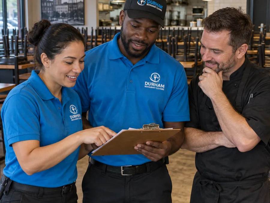 Uniformed cleaning technicians reviewing a written checklist with a restaurant manager after close