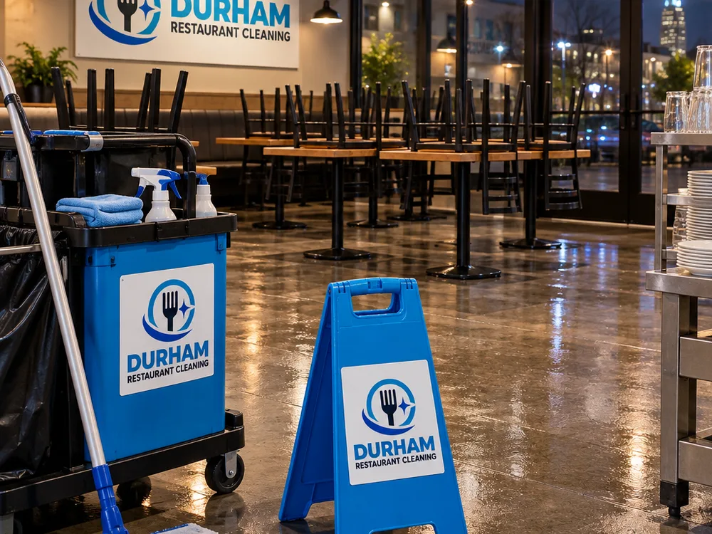 Cleaned restaurant dining area after hours with chairs raised and floors drying